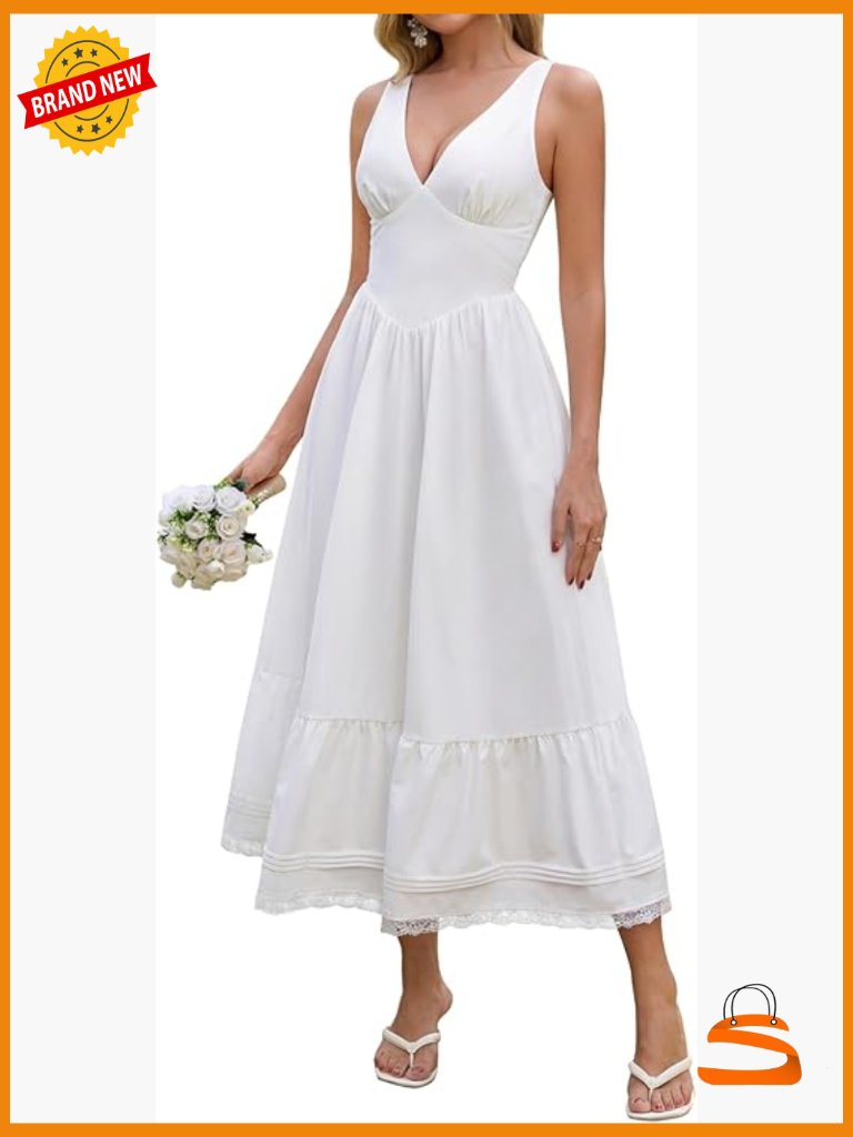 Women's Summer Corset Midi Dress Flowy Lace V Neck Sundress